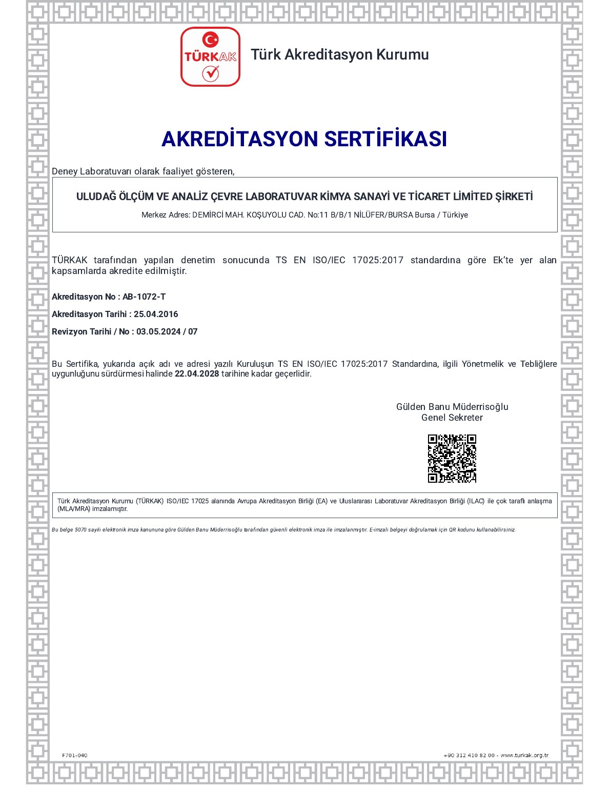TÜRKAK Akreditasyon Belgesi